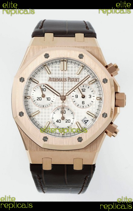 Royal Oak Chrono 26240 Rose Gold White Dial Leather Strap Super Clone Watch 