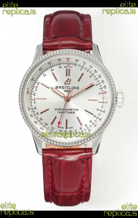 Navitimer Automatic 36 Steel Dial Red Strap Super Clone Watch 