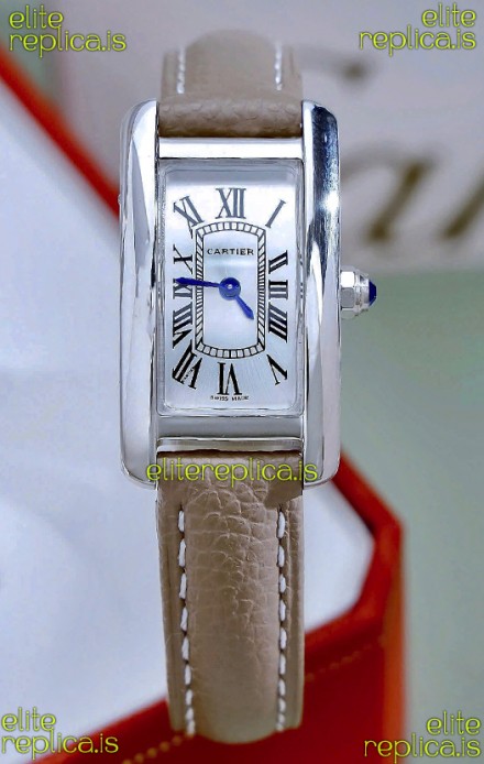 Cartier Tank Americaine Steel 19.4MM Beige Strap Swiss Quartz Watch 