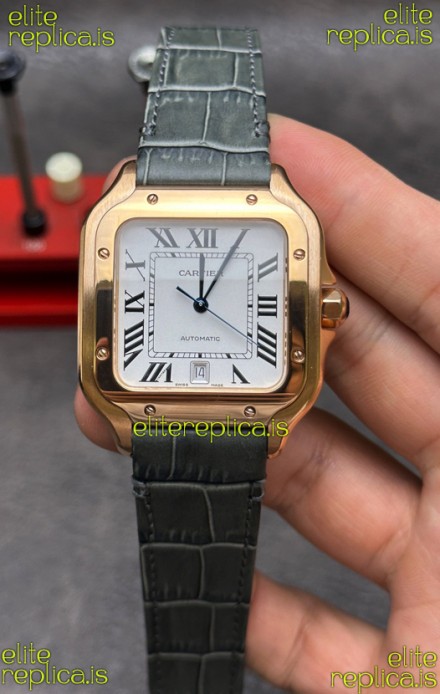 Cartier Santos De Cartier Rose Gold Grey Leather Strap Super Clone Watch 