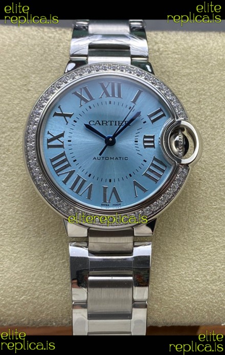 Ballon De Cartier Automatic Ice Blue Diamonds 36MM Dial Super Clone Watch 