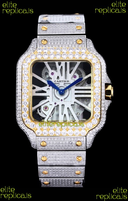 Cartier "Santos De Cartier" Skeleton moissanite Paved Super Clone Watch 