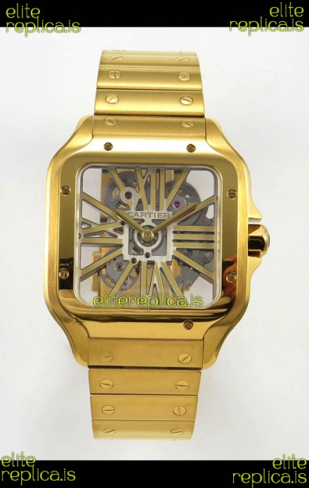 Cartier Santos Yellow Gold Skeleton Dial Super Clone Watch 