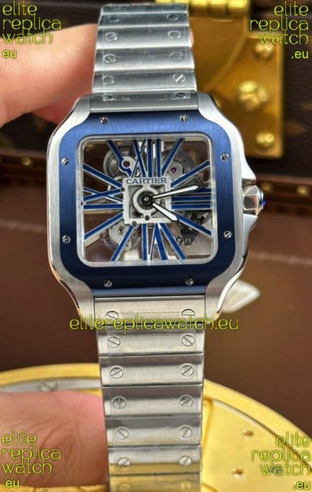 Santos De Cartier Super Clone Watch in Skeleton Dial Brushed Steel Casing Watch 
