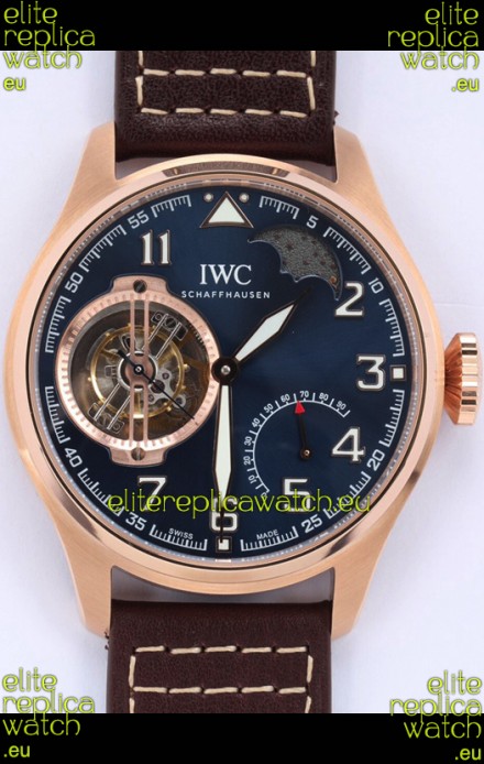 IWC Portuguese Genuine Swiss Tourbillon Movement Rose Gold Watch in Blue Dial 