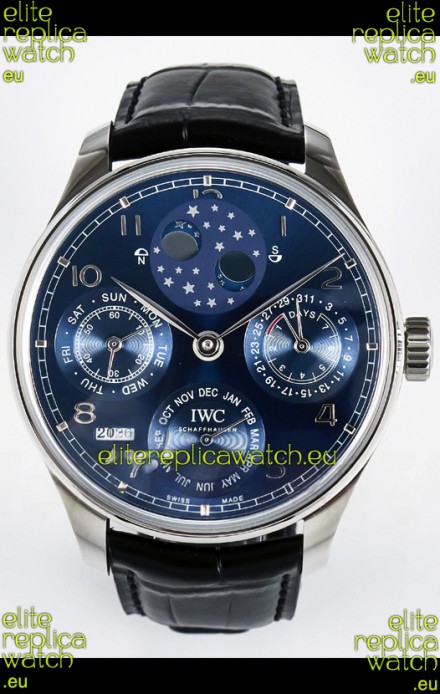 IWC Super Clone Portuguese Perpetual Calendar Stainless Steel Blue Dial Replica Watch 