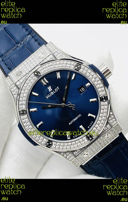 Hublot Classic Fusion Stainless Steel Diamonds Blue Dial Swiss Replica Watch 1:1 Mirror Quality 