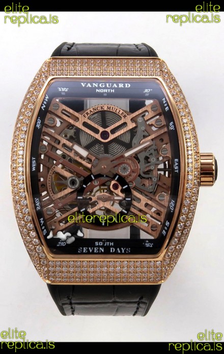 Franck Muller V45 Tourbillon Skeleton Rose Gold Diamonds Super Clone Watch 