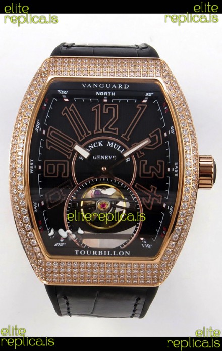 Franck Muller V45 Tourbillon Rose Gold Diamonds Black Strap Super Clone Watch 
