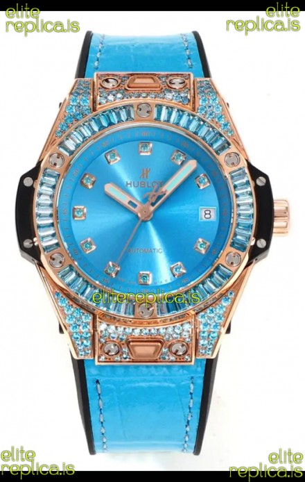 Hublot Big Bang One Click moissanite Rose Gold Super Clone Watch Blue Dial 