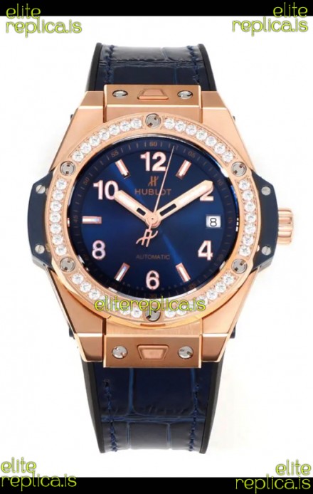 Hublot Big Bang One Click moissanite Bezel Rose Gold Super Clone Watch Blue Dial