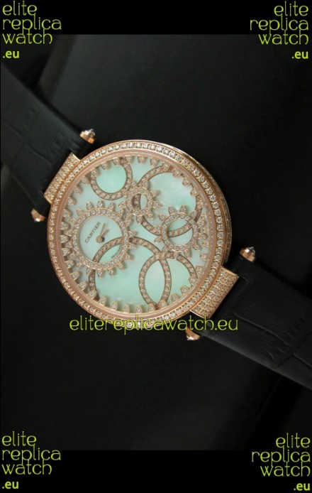 Cartier Replica Watch with Diamonds Embedded Dial Bezel in Gold Case/Black Strap