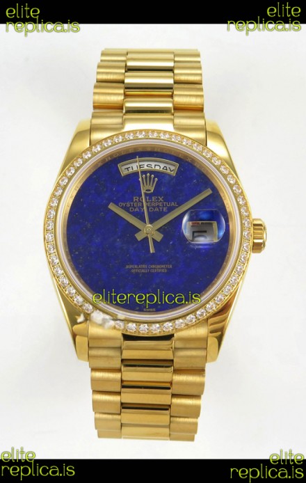 Rolex Day Date Yellow Gold Blue Lapis Dial Diamonds Bezel 36MM Swiss Replica