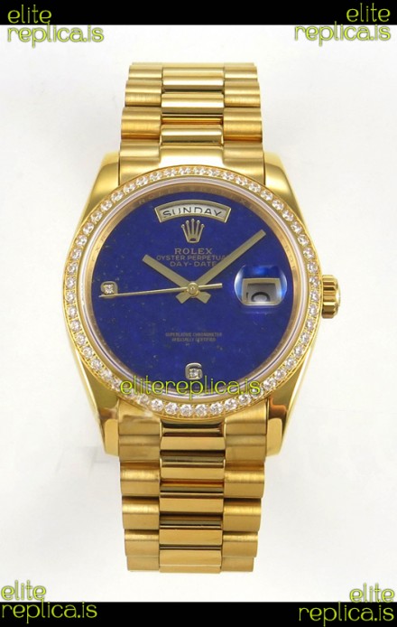 Rolex Day Date Yellow Gold Blue Lapis Dial Diamonds Bezel 36MM Swiss Replica
