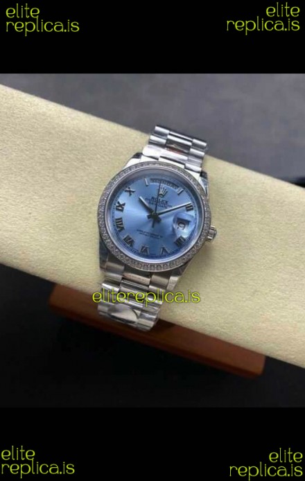 Rolex Day Date 128396TBR Steel Casing ICE Blue Roman Dial Swiss Replica Watch 
