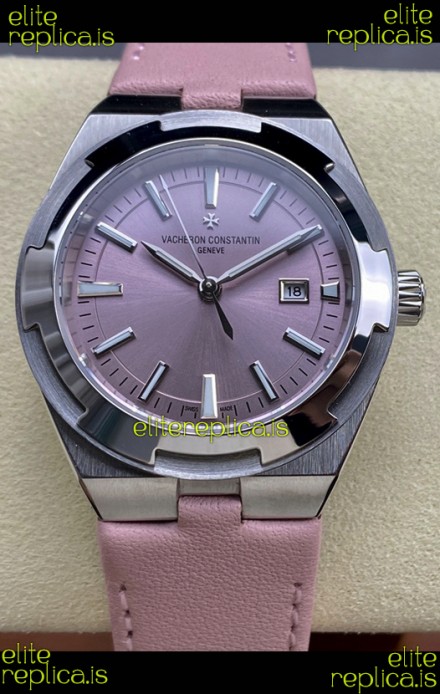 Vacheron Constantin Overseas 35MM Pink Dial Leather Strap Super Clone Watch 