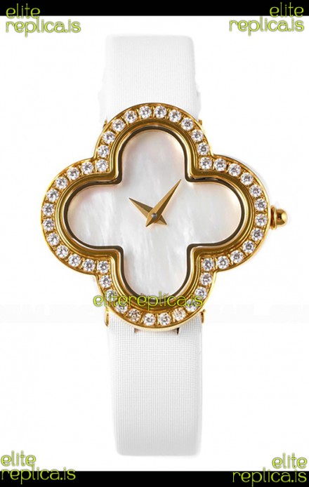 Van Cleef & Arpels Alhambra Yellow Gold Diamonds Bezel Pearl Dial Watch 