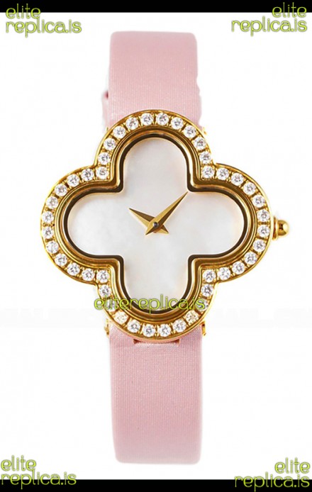 Van Cleef & Arpels Alhambra Yellow Gold Diamonds Bezel Pink Strap Watch 