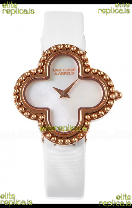 Van Cleef & Arpels Alhambra Rose Gold White Strap Watch 