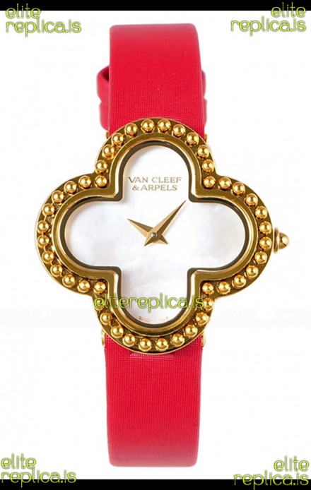 Van Cleef & Arpels Alhambra Yellow Gold Red Strap Watch 