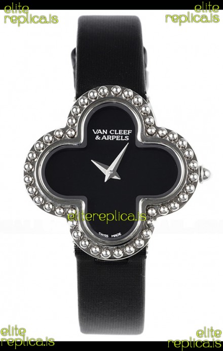 Van Cleef & Arpels Alhambra Stainless Steel Black Strap Watch 