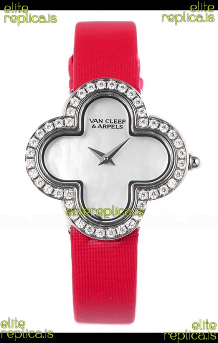 Van Cleef & Arpels Alhambra Stainless Steel Diamonds Bezel Red Strap Watch 