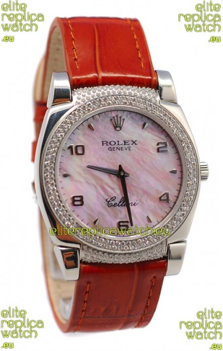 Rolex Cellini Cestello Ladies Swiss Watch Pink Pearl Face Diamonds Bezel and Lugs