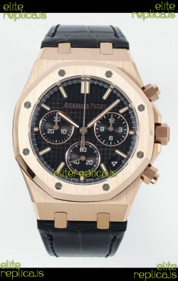 Royal Oak Chrono 26240 Rose Gold Black Dial Leather Strap Super Clone Watch 