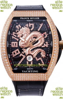 Franck Muller Vanguard Yachting Dragon V45 Black Dial in Gold Diamonds Bezel Swiss Replica