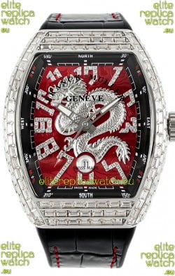 Franck Muller Vanguard Yachting Dragon V45 Red Dial in Square Diamonds Bezel Swiss Replica