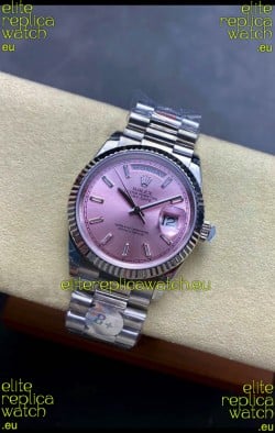 Rolex Day Date Super Clone Stainless Steel Pink Sunburst Dial Crystal Numerals Watch 36MM - 1:1 Mirror Quality