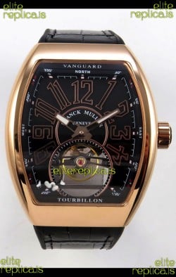 Franck Muller V45 Tourbillon Rose Gold Black Dial Brown Leather Super Clone Watch 