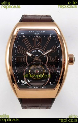 Franck Muller V45 Tourbillon Rose Gold Black Dial Black Leather Super Clone Watch 