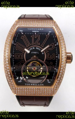 Franck Muller V45 Tourbillon Rose Gold Diamonds Brown Strap Super Clone Watch 