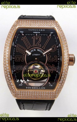 Franck Muller V45 Tourbillon Rose Gold Diamonds Black Strap Super Clone Watch 