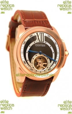 Calibre de Cartier Flying Tourbillon Japanese Replica Rose Gold Watch in Black Dial