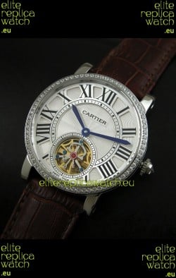 Cartier Ronde de Tourbillon Japanese Replica Diamond Watch in Brown Strap