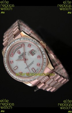 Rolex Oyster Perpetual Day Date Swiss Rose Gold Automatic Watch in White Mother of Pearl Dial