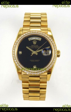 Rolex Day Date Yellow Gold Black Dial Diamonds Bezel 36MM Swiss Replica