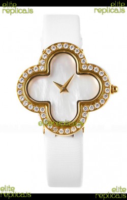 Van Cleef & Arpels Alhambra Yellow Gold Diamonds Bezel Pearl Dial Watch 