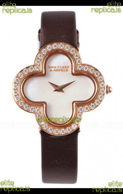 Van Cleef & Arpels Alhambra Rose Gold Diamonds Bezel Black Strap Watch 