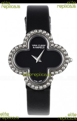 Van Cleef & Arpels Alhambra Stainless Steel Black Strap Watch 