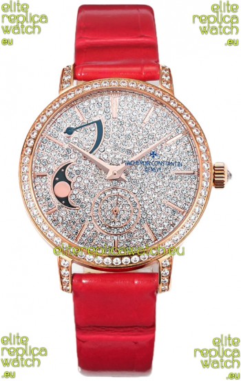 Vacheron Constantin Traditionelle Moon Phase Diamond Paved Dial in Rose Gold Swiss Replica
