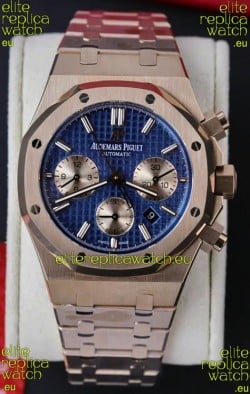 Audemars Piguet Royal Oak Chronograph Rose Gold Blue Dial Steel Strap Swiss Replica Watch