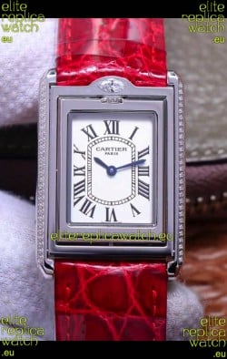 Cartier Tank Reversible Swiss Quartz Replica Watch in Steel Casing - Red Strap