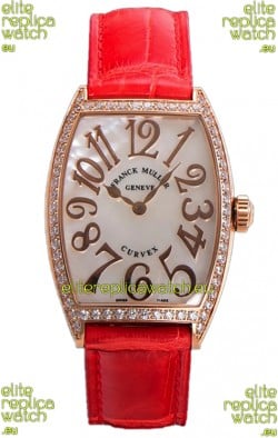 Franck Muller Cintree Curvex Mother of Pearl Dial Watch in Rose Gold Plating - Red Strap 