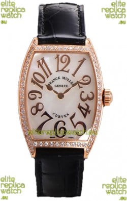 Franck Muller Cintree Curvex Mother of Pearl Dial Watch in Rose Gold Plating - Black Strap 