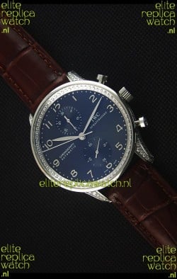 IWC Portuguese Chronograph Black Dial Brown Strap with Diamonds 1:1 Mirror Replica Watch