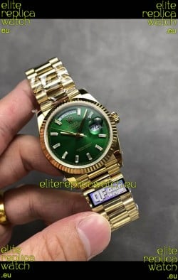 Rolex Day Date Super Clone Yellow Gold Green Dial Crystal Numerals Watch 36MM - 1:1 Mirror Quality