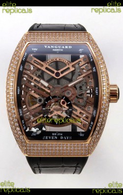 Franck Muller V45 Tourbillon Skeleton Rose Gold Diamonds Super Clone Watch 
